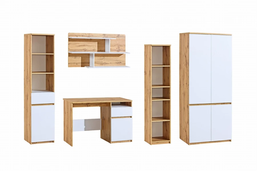 Set van Arco meubels in eiken en wit: kledingkast, bureau en wandplank voor de jeugdkamer.