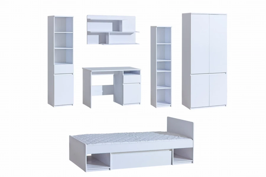 Witte complete set voor tienerkamer met bed, kast, bureau en rekken