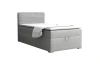 Graues Boxspringbett mit gepolstertem Kopfteil und Matratze auf weißem Hintergrund.