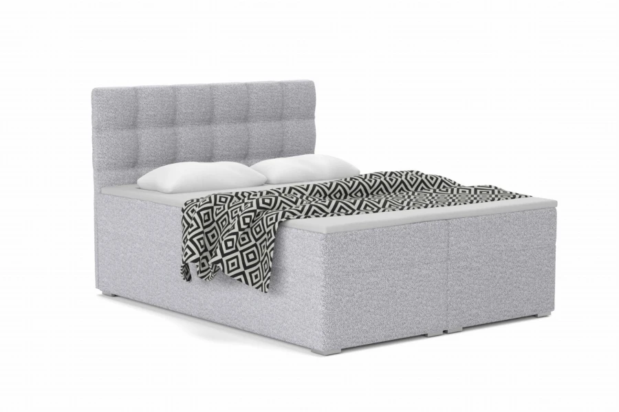 Modernes Boxspringbett in Hellgrau mit hohem Kopfteil und stilvoller Bettwäsche