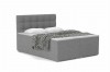 Boxspringbett in Dunkelgrau mit dekorativem Kopfteil und moderner schwarz-weißer Decke