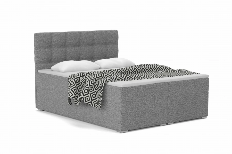 Boxspringbett in Dunkelgrau mit dekorativem Kopfteil und moderner schwarz-weißer Decke