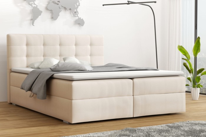Florida Boxspringbett in Creme-Beige mit gestepptem Kopfteil in moderner Schlafzimmereinrichtung.