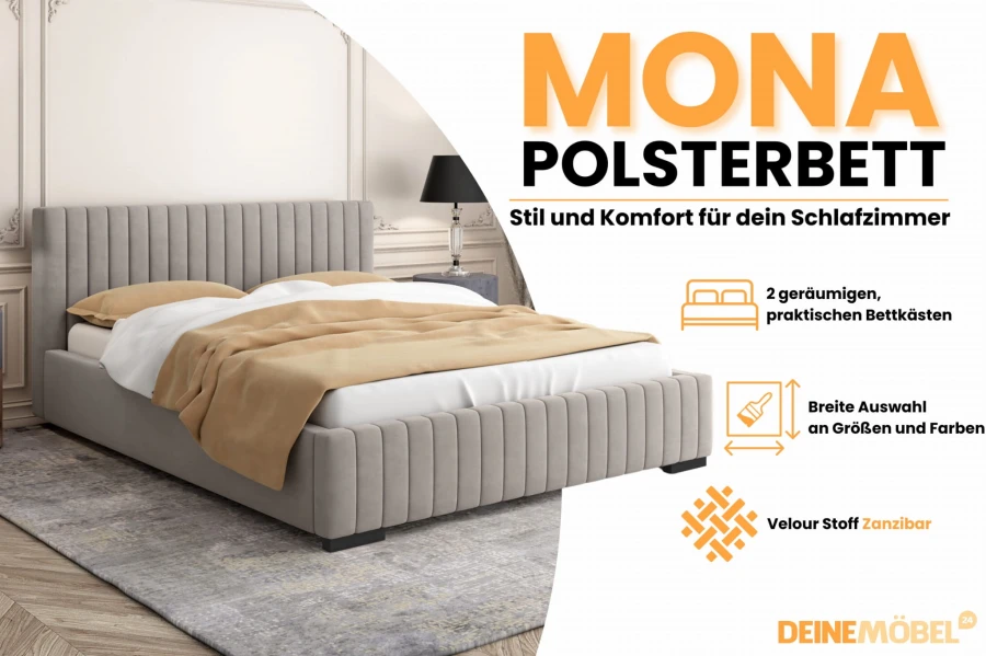 Elegant MONA gestoffeerd bed in grijs met bedbak en velours-stof voor de slaapkamer.