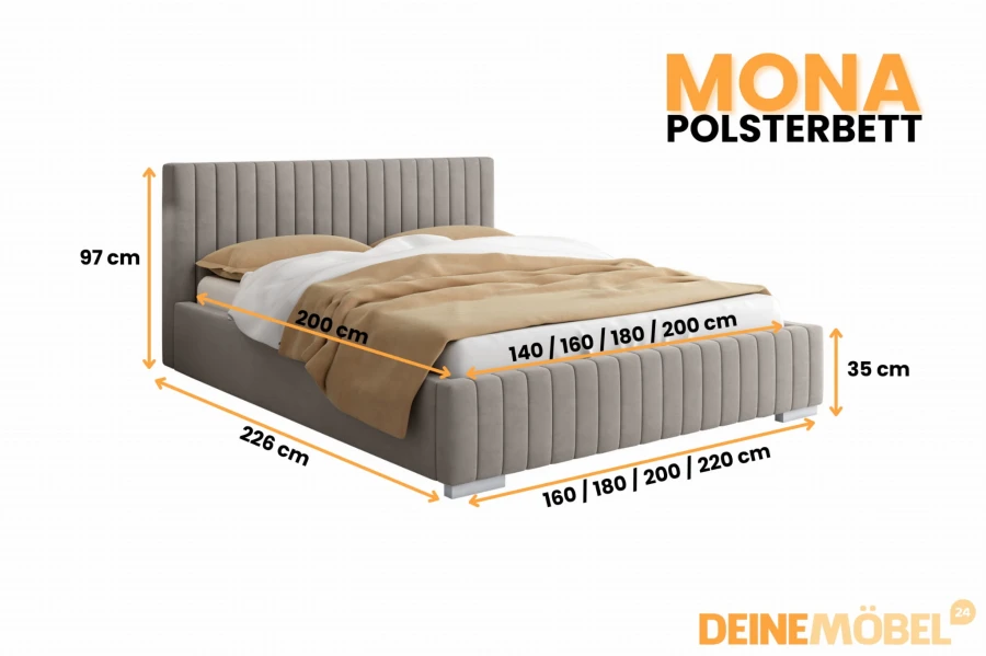 Gedetailleerde maten en afmetingen voor het MONA gestoffeerde bed van Jouw Meubels 24.