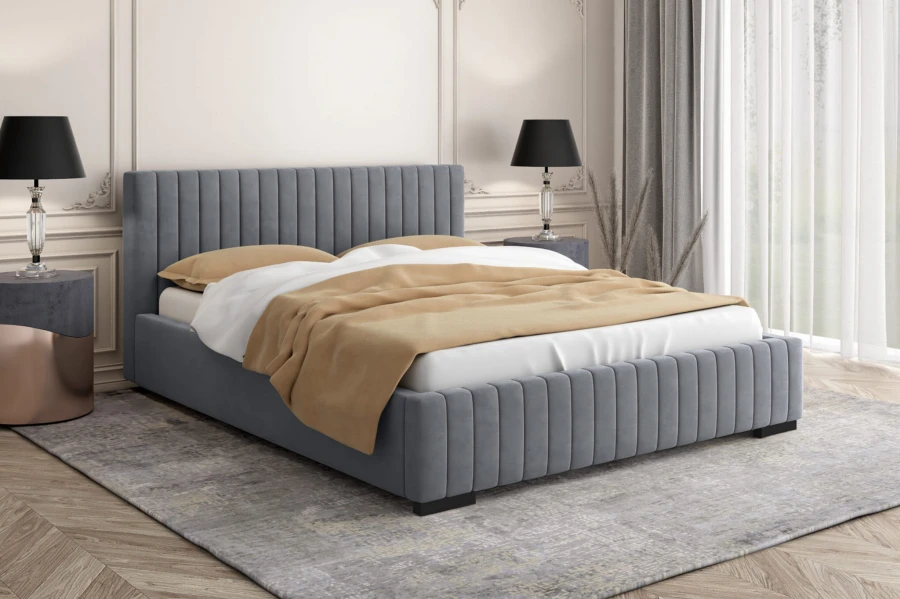 Anthrazitfarbenes Polsterbett in stilvollem Schlafzimmer-Ambiente mit edler Dekoration.