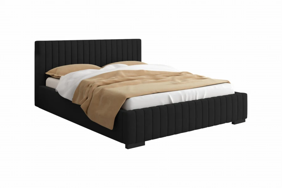 Black upholstered bed with vertical groove design and beige blanket on a white background.