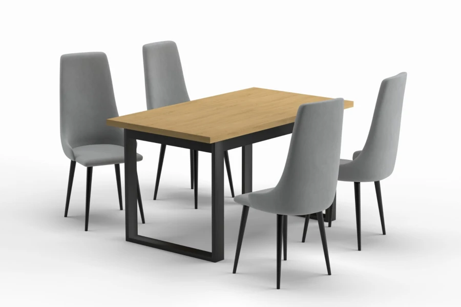 Modern dining table in oak with 4 grey upholstered chairs, loft-style dining set for the dining room.