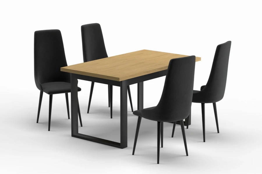 Eetgroep met houten tafel en 4 zwarte stoelen, elegant design met zwart metalen onderstel.