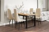 Gezellige eetkamer met eettafel in eikenlook en 4 beige gestoffeerde stoelen in loft-design.