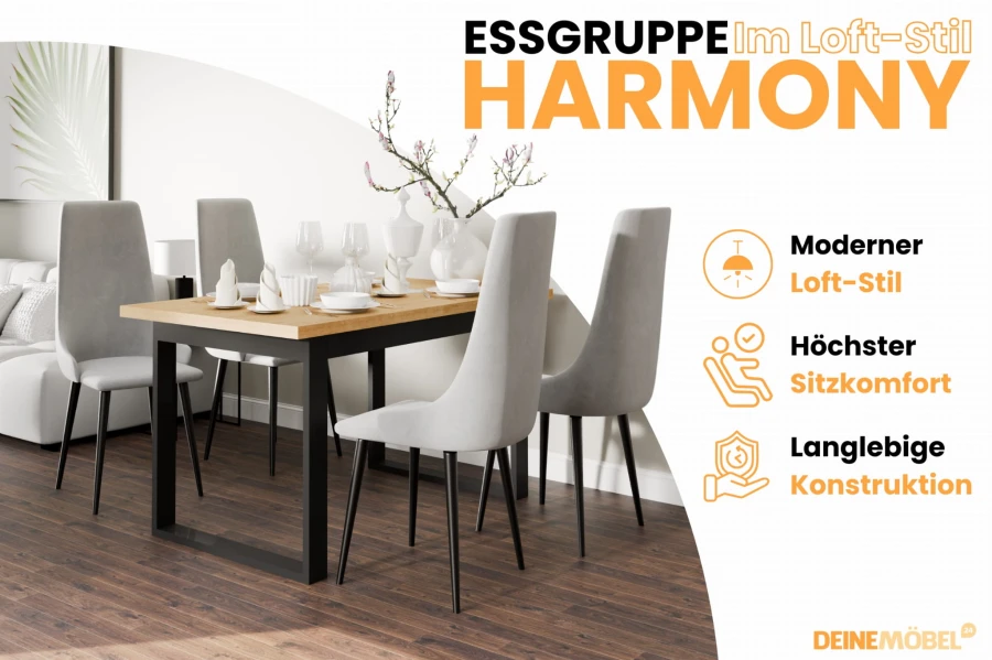 Essgruppe Harmony im Loft-Stil mit grauen Stühlen und Hinweisen zu Komfort und Qualität.