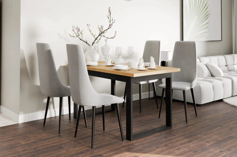 Esstisch Set mit Holzplatte und 4 hellgrauen Samtstühlen in modernem Esszimmer.