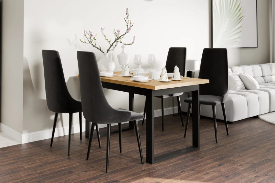Moderner Holztisch mit 4 dunkelgrauen Polsterstühlen im skandinavischen Design.