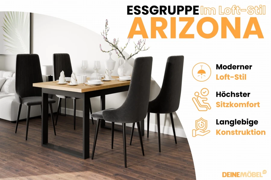 Eetgroep Arizona in loftstijl met houten tafel, donkere stoelen en productvoordelen.