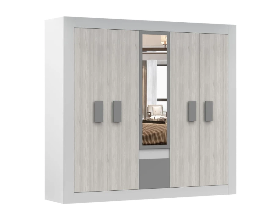 Großer Kleiderschrank in Weiß und Eiche-Optik mit Spiegel für das Schlafzimmer.