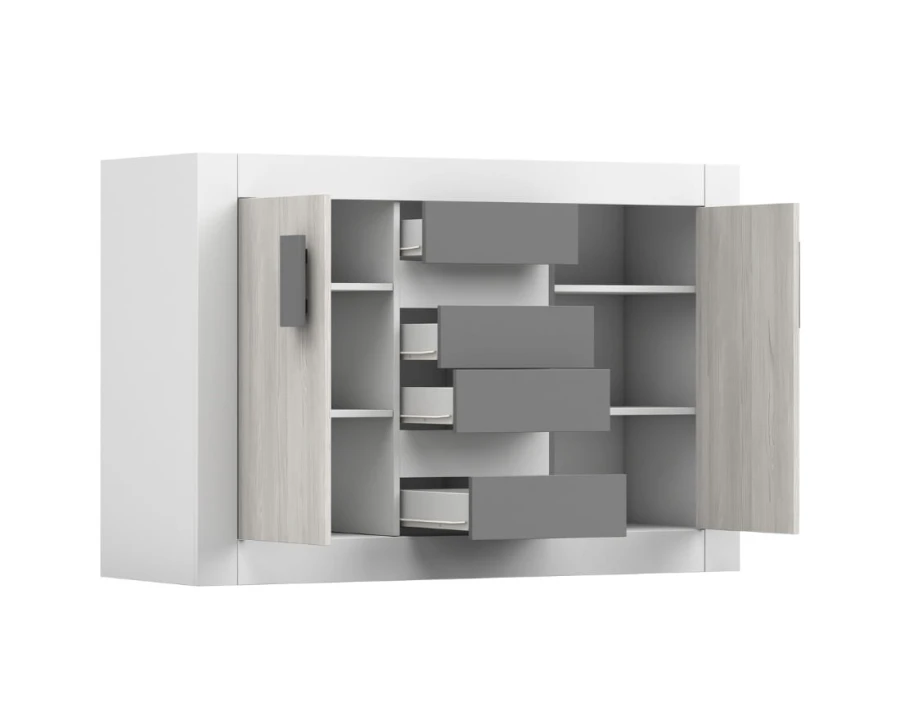 Modernes Sideboard in Weiß mit offenen Türen und grauen Schubladen.