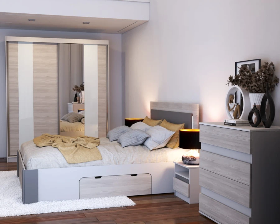 Komplette Schlafzimmereinrichtung mit Spiegelschrank, Bett und Kommode in hellem Holzdesign.