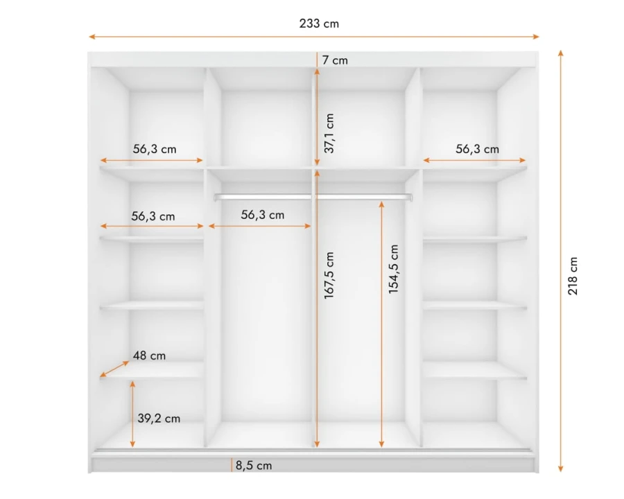 Maßskizze großer Kleiderschrank 233 cm breit, detaillierte Innenaufteilung.
