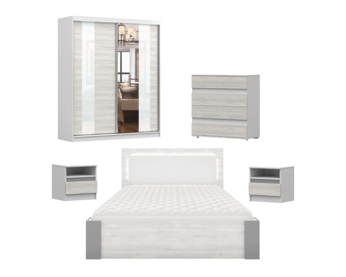 Modernes Schlafzimmer-Set in Weiß mit Bett, Kleiderschrank und Kommode.
