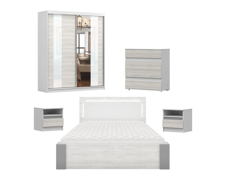 Modernes Schlafzimmer-Set in Weiß mit Bett, Kleiderschrank und Kommode.