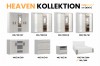 Maßübersicht der Heaven Kollektion: Kleiderschränke, Kommoden, Nachttische und Betten mit Abmessungen.