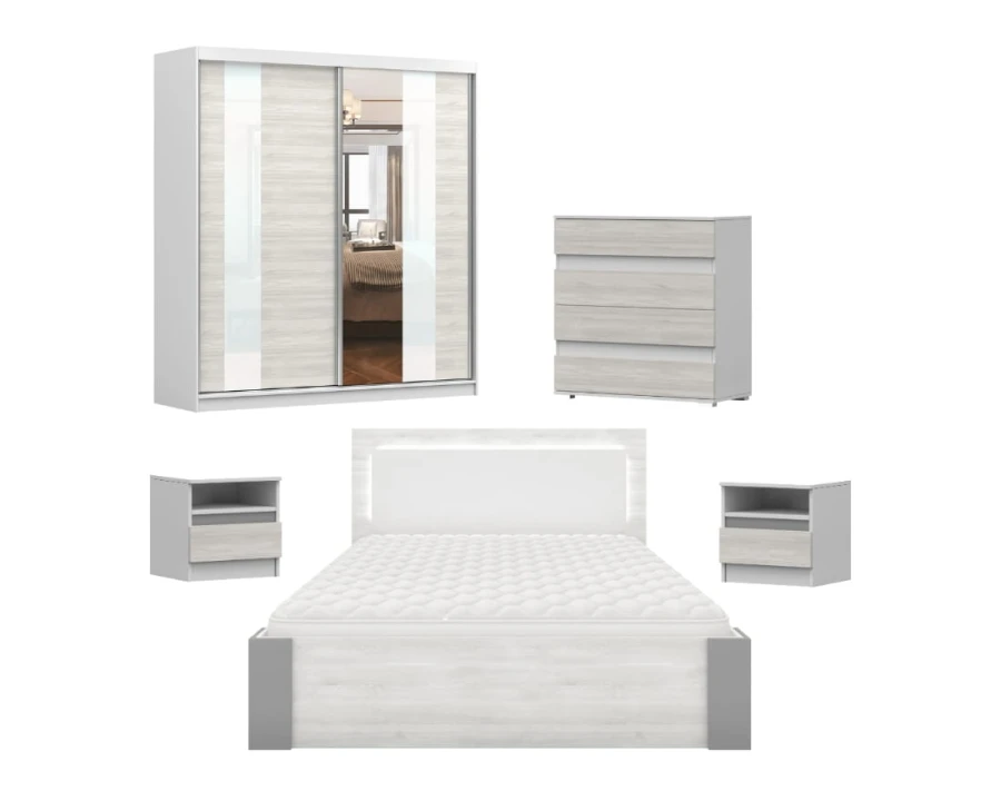 Schlafzimmer-Komplettset mit Doppelbett, Schwebetürenschrank, Kommode und Nachttischen.