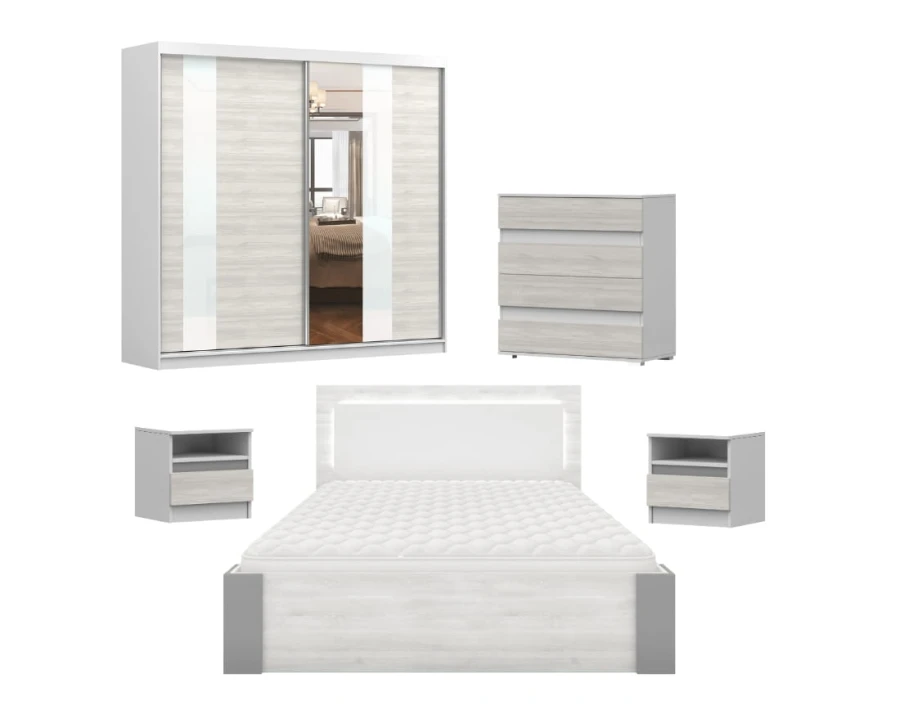 Modernes Schlafzimmerset Heaven mit Doppelbett, Schwebetürenschrank und Kommode in hellem Holz.