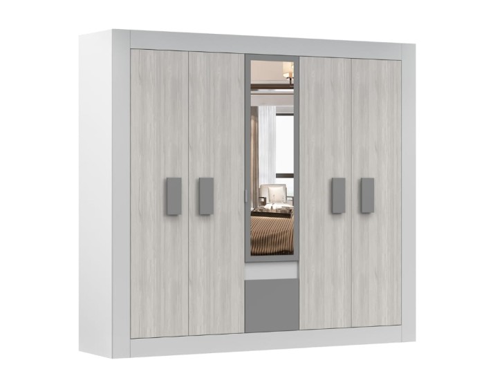 Viertüriger Kleiderschrank Heaven mit zentralem Spiegel und hellen Fronten in moderner Holzoptik.