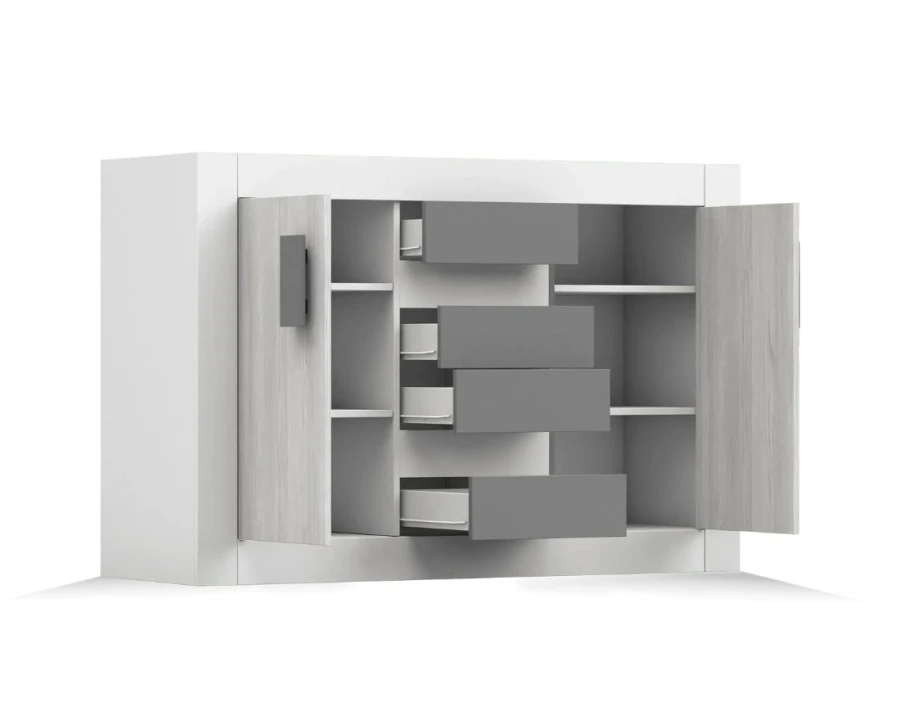 Ladekast met open deuren en lades toont het interieur.