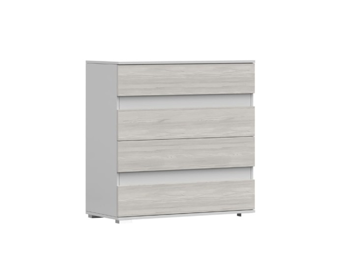 Helle Kommode mit 4 Schubladen, minimalistisches Design in Holzoptik vor weißem Hintergrund.