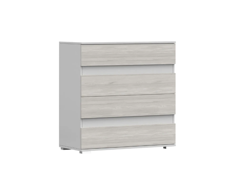 Helle Kommode mit 4 Schubladen, minimalistisches Design in Holzoptik vor weißem Hintergrund.