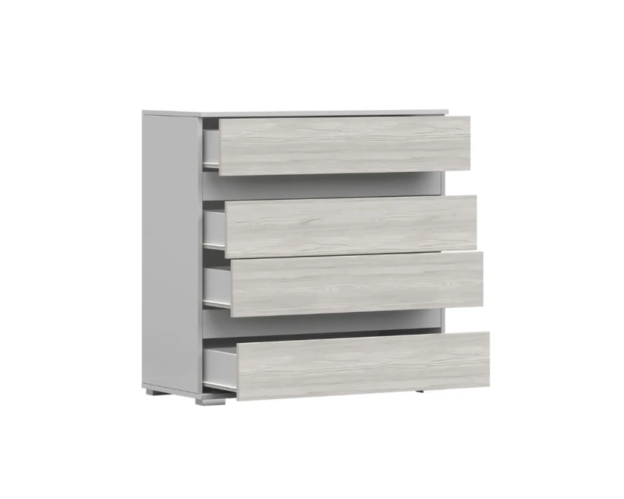 Moderne Schlafzimmer-Kommode mit 4 ausgezogenen Schubladen in hellem Holz-Dekor.
