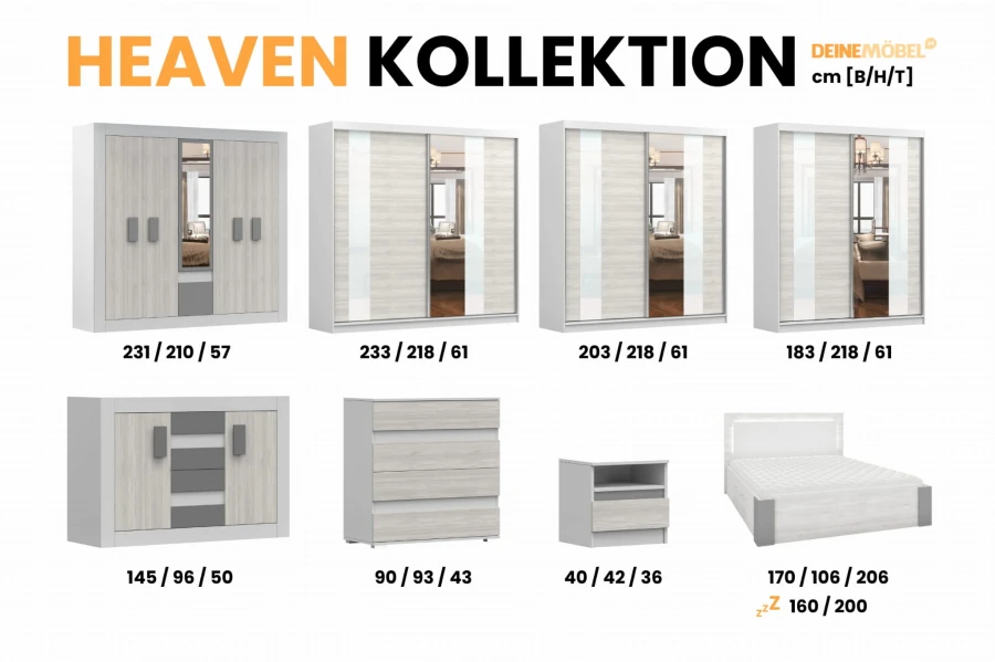 Produktübersicht der Heaven Kollektion mit Schränken, Kommoden und Bett inklusive Maßen.