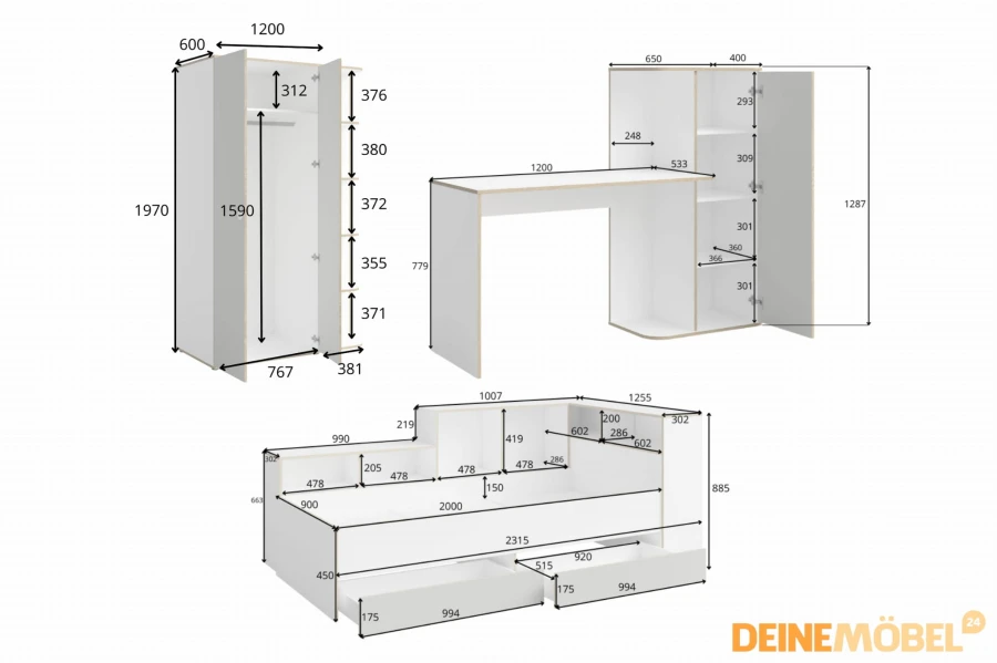 Detaillierte Maße und Abmessungen für Kleiderschrank, Schreibtisch und Funktionsbett des Kinderzimmersets.
