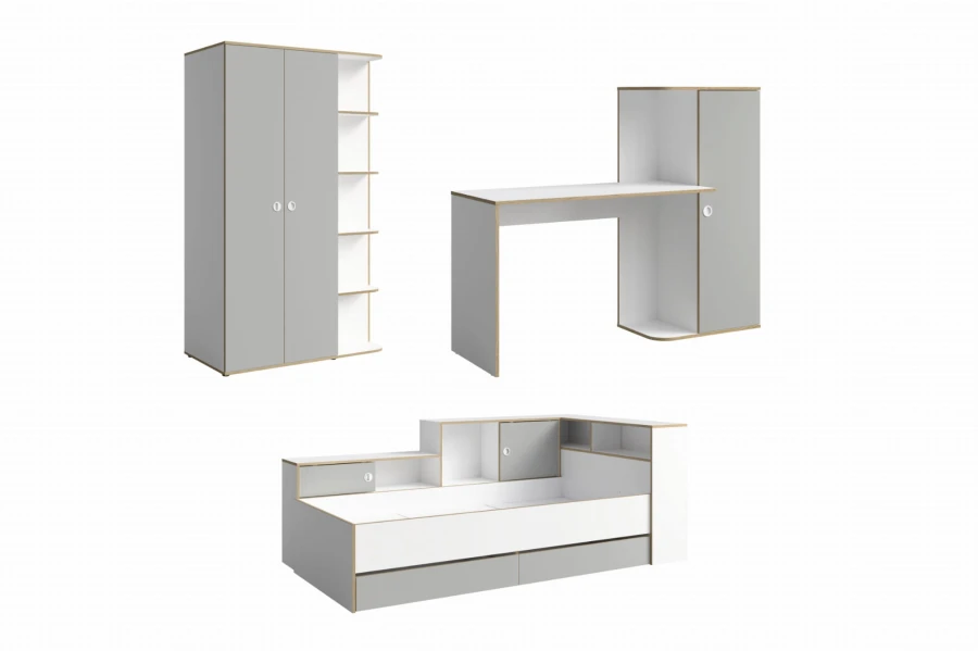 Dreiteiliges Jugendzimmer-Möbelset bestehend aus Kleiderschrank, Schreibtisch und Funktionsbett.