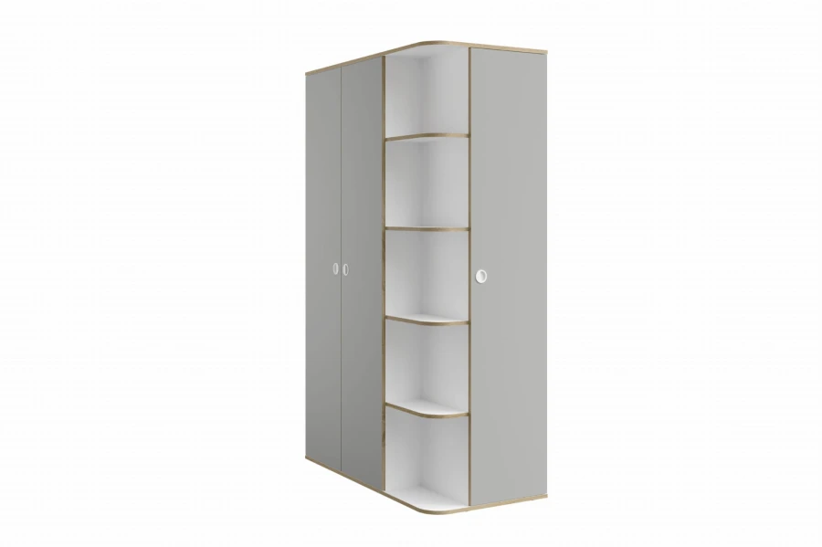 Moderner grauer Kleiderschrank mit integriertem Eckregal und hellem Holzdekor.