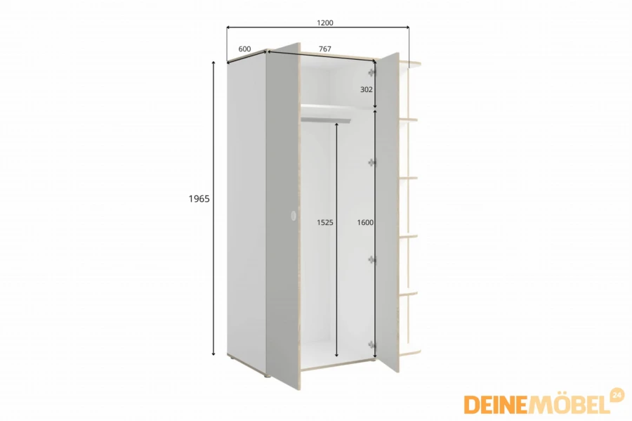 Maßzeichnung für Kleiderschrank: Höhe 196,5 cm, Breite 120 cm, Tiefe 60 cm.