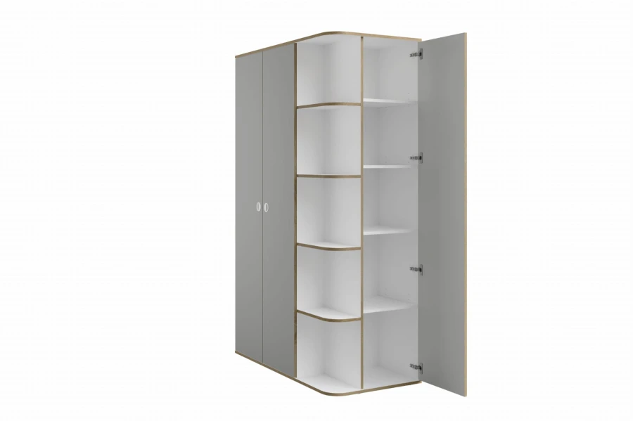 Funktionaler Kleiderschrank mit offenem Fach und Einlegeböden für mehr Stauraum.
