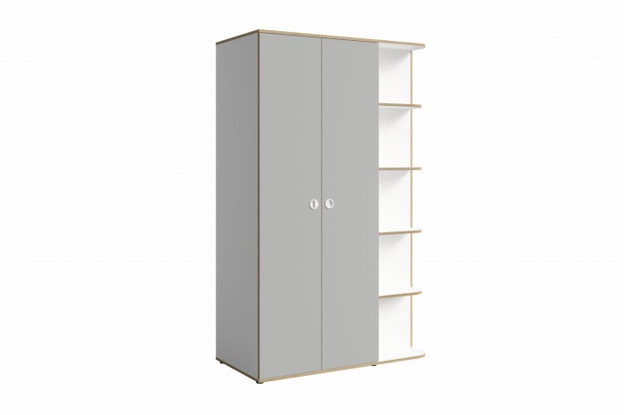 Moderner Kleiderschrank in Grau und Weiß mit praktischen Seitenregalen.