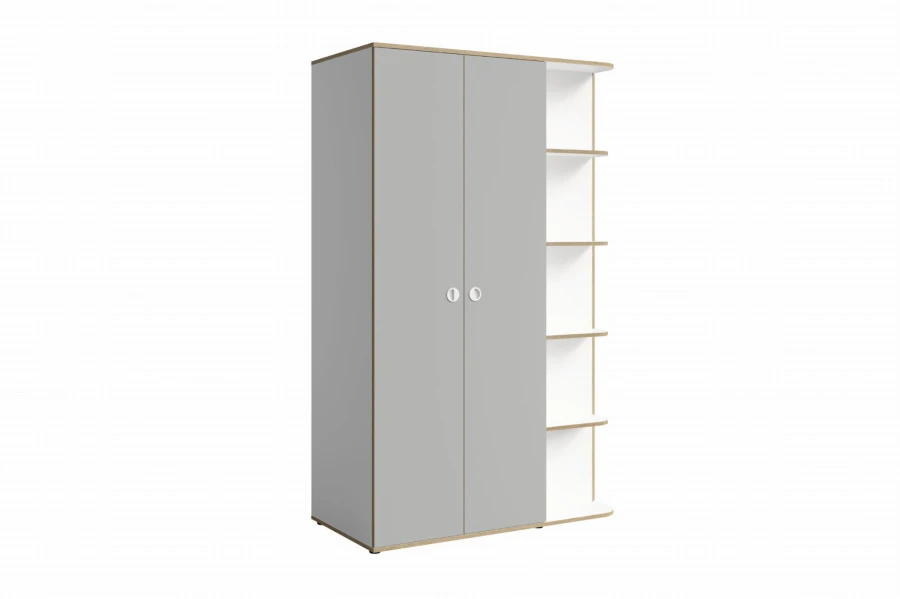 Moderner Kleiderschrank in Grau und Weiß mit praktischen Seitenregalen.
