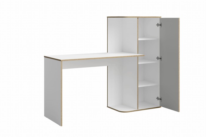 Schreibtisch-Kombination mit offenem Seitenschrank und Regalfächern.