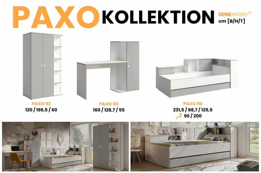 Paxo Kollektion Übersicht: Moderne Kinderzimmermöbel wie Kleiderschrank, Schreibtisch und Bett.