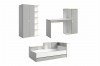 Einzelne Möbelstücke der Paxo Serie: Kleiderschrank, Eckschreibtisch und Bett auf weißem Grund.