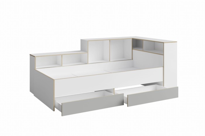 Weißes Funktionsbett mit zwei offenen Schubladen und integriertem Regalsystem für viel Stauraum.