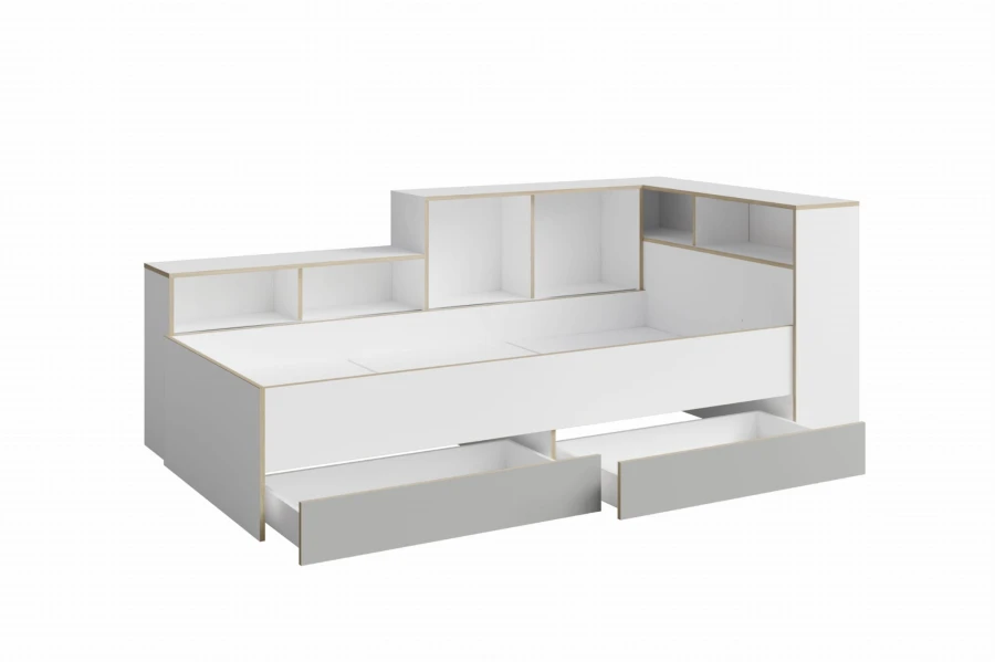 Weißes Funktionsbett mit zwei offenen Schubladen und integriertem Regalsystem für viel Stauraum.