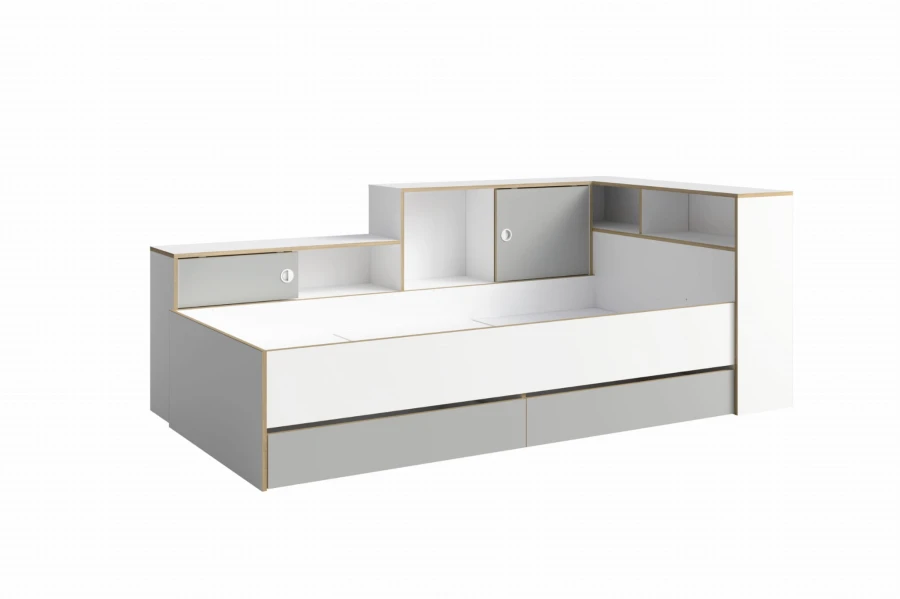 Einzelbett in Weiß und Grau mit praktischen Staufächern und geschlossenen Schubladen.