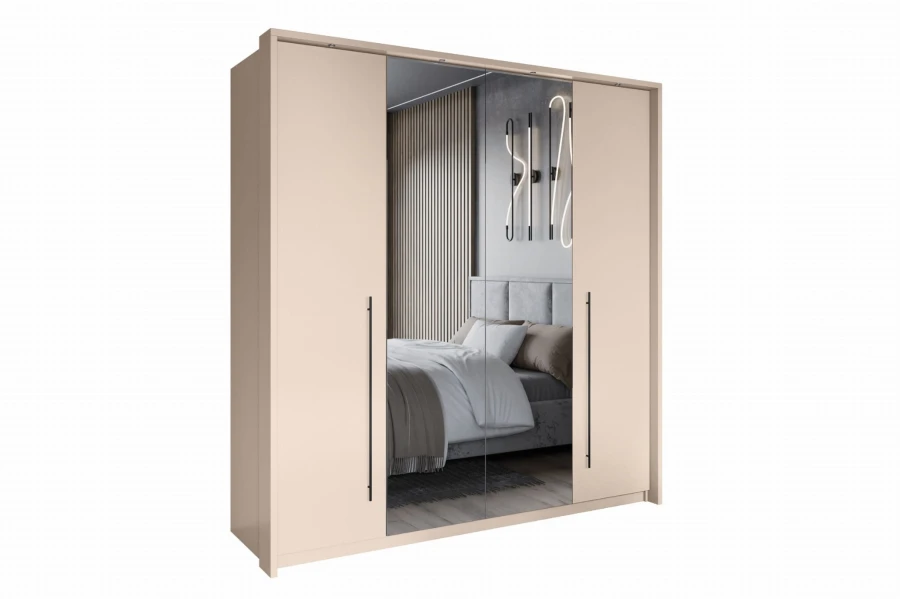 Moderner Kleiderschrank in Beige mit vier Türen und zwei großen Spiegelfronten.