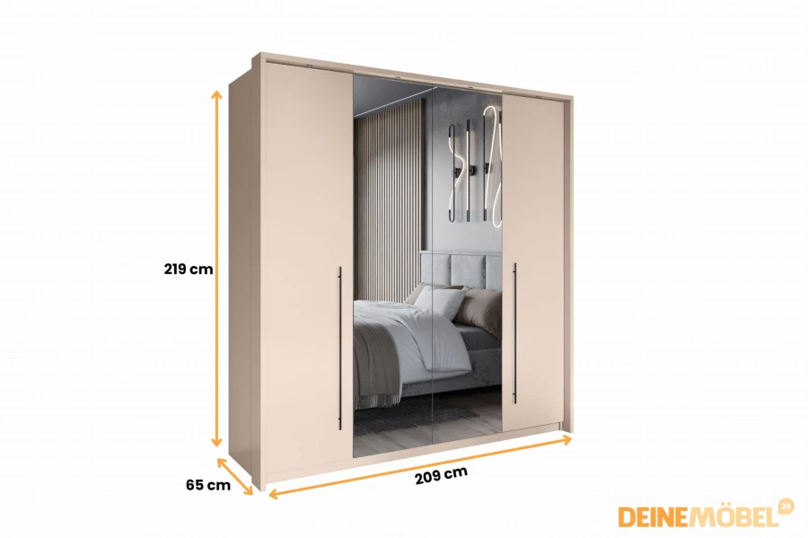 Maßskizze des Kleiderschranks mit 209 cm Breite, 219 cm Höhe und 65 cm Tiefe.