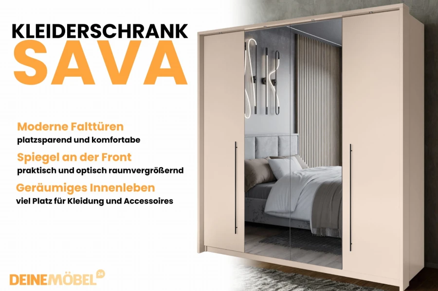 Kleiderschrank Sava in Beige mit Spiegelfront und praktischen Falttüren für viel Stauraum im Schlafzimmer.
