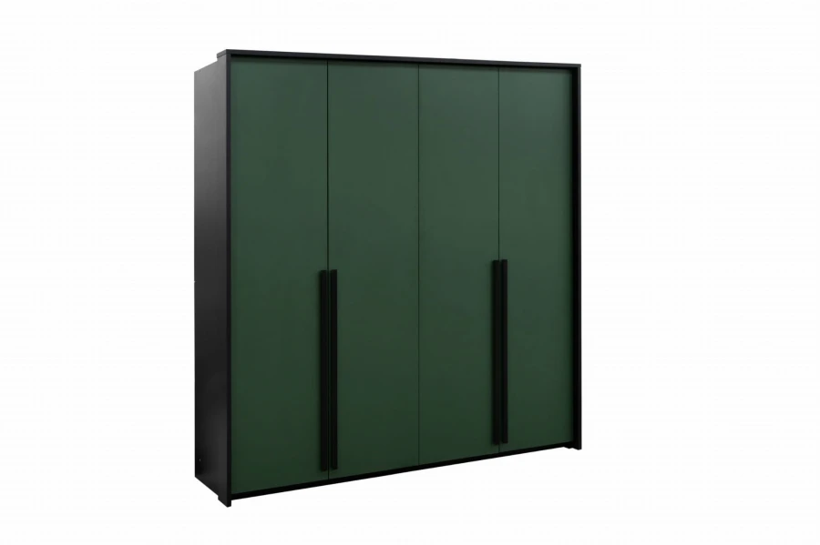 Moderner 4-türiger Kleiderschrank in Dunkelgrün mit schwarzen Akzenten der Geneve Kollektion.